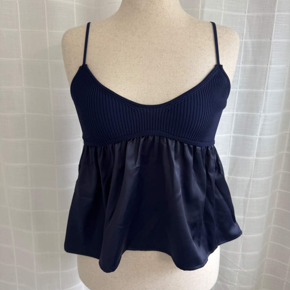 Commense‎ Navy Blue Ribbed Knit Satin Peplum Camisole Top Womens Small
